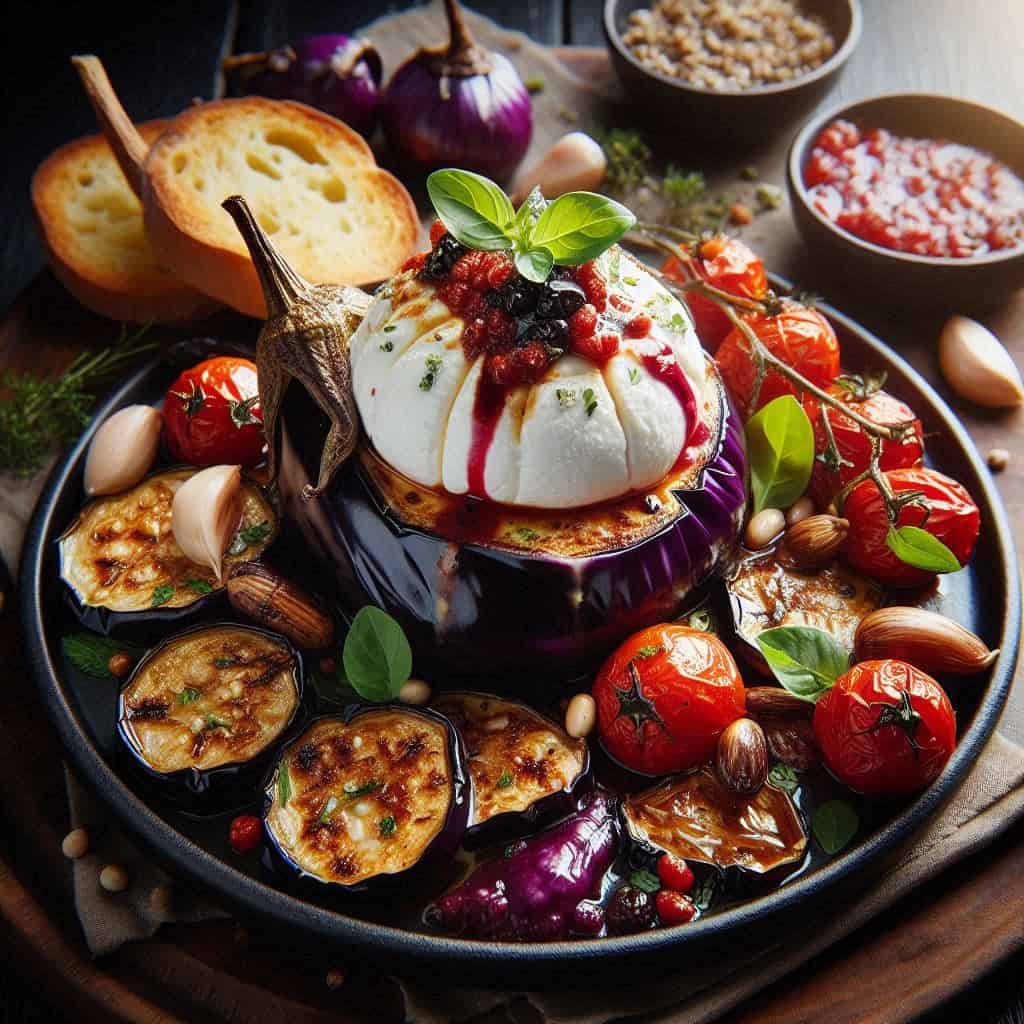 Berenjena asada con burrata con salsa casera de cherrys asados y pan de ajo