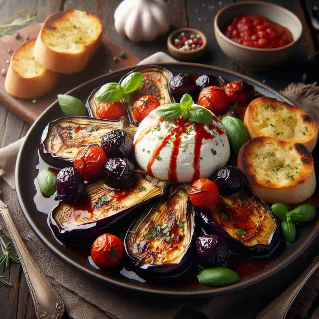 Berenjena asada con burrata con salsa casera de cherrys asados y pan de ajo