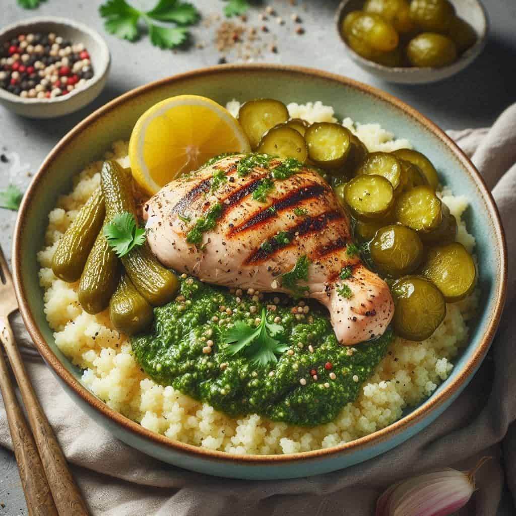 Bol de pollo con pesto casero de cilantro