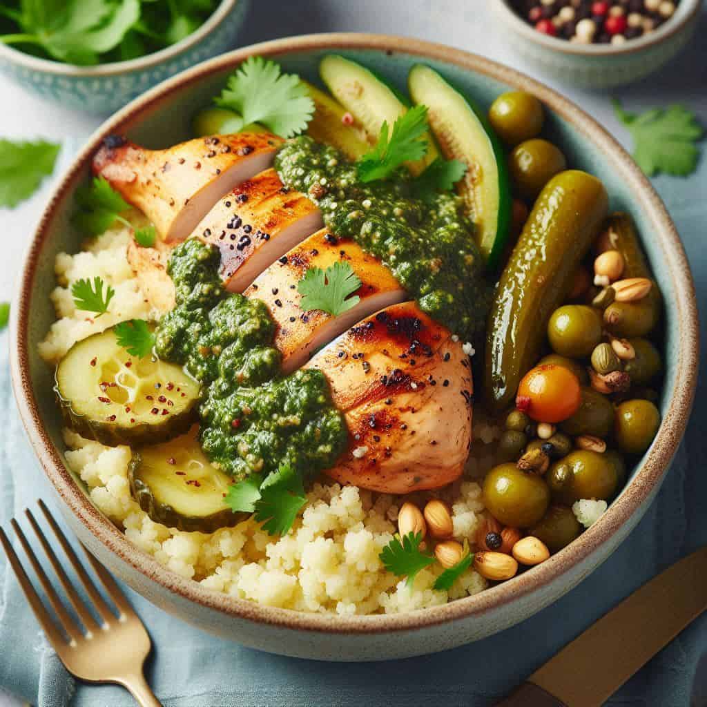Bol de pollo con pesto casero de cilantro
