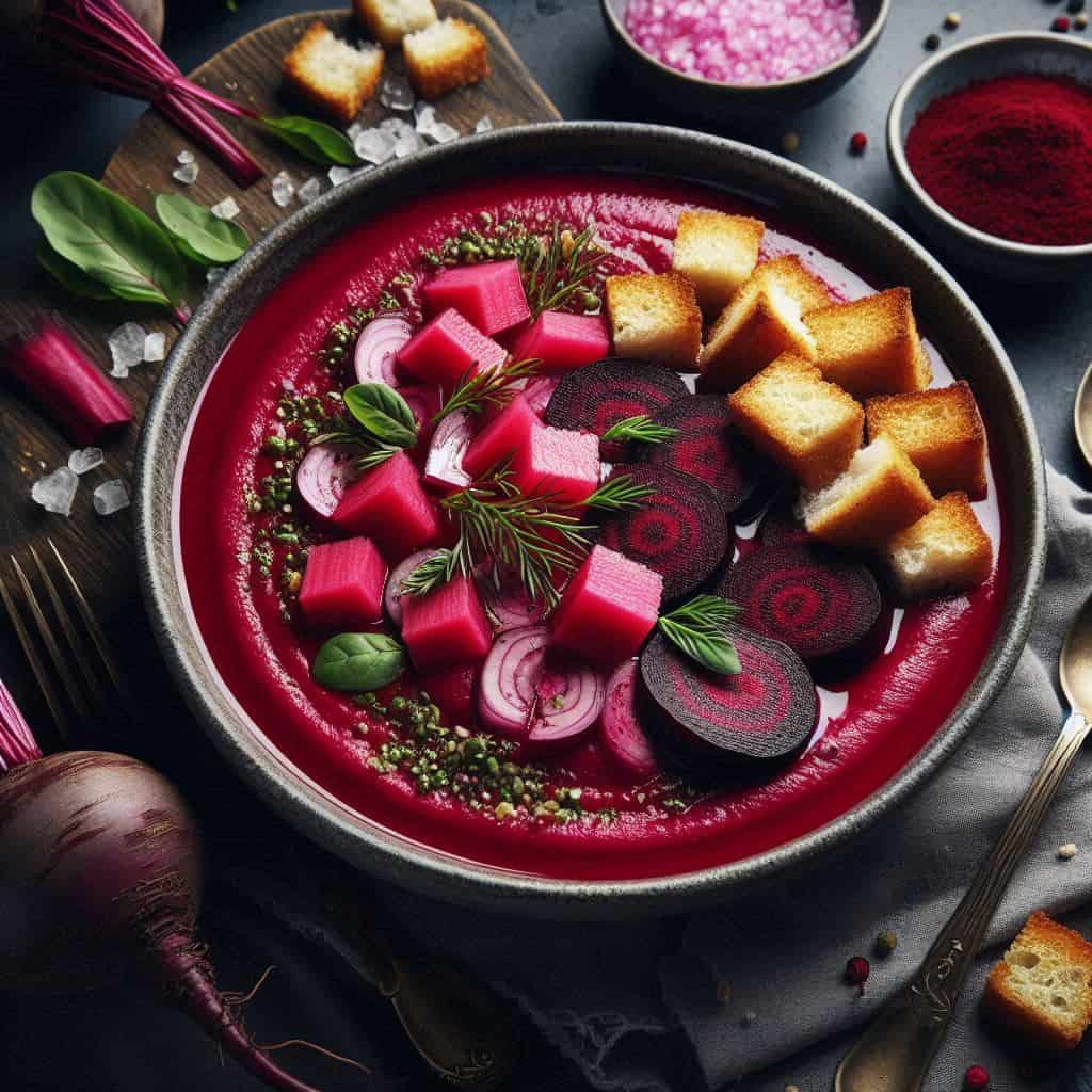 Gazpacho casero de remolacha con picatostes caseros y láminas de remolacha