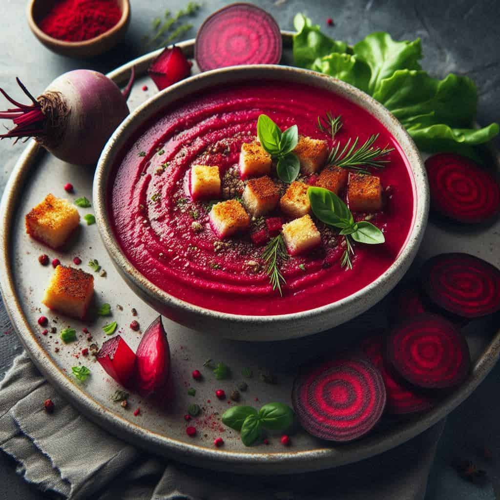 Gazpacho casero de remolacha con picatostes caseros y láminas de remolacha