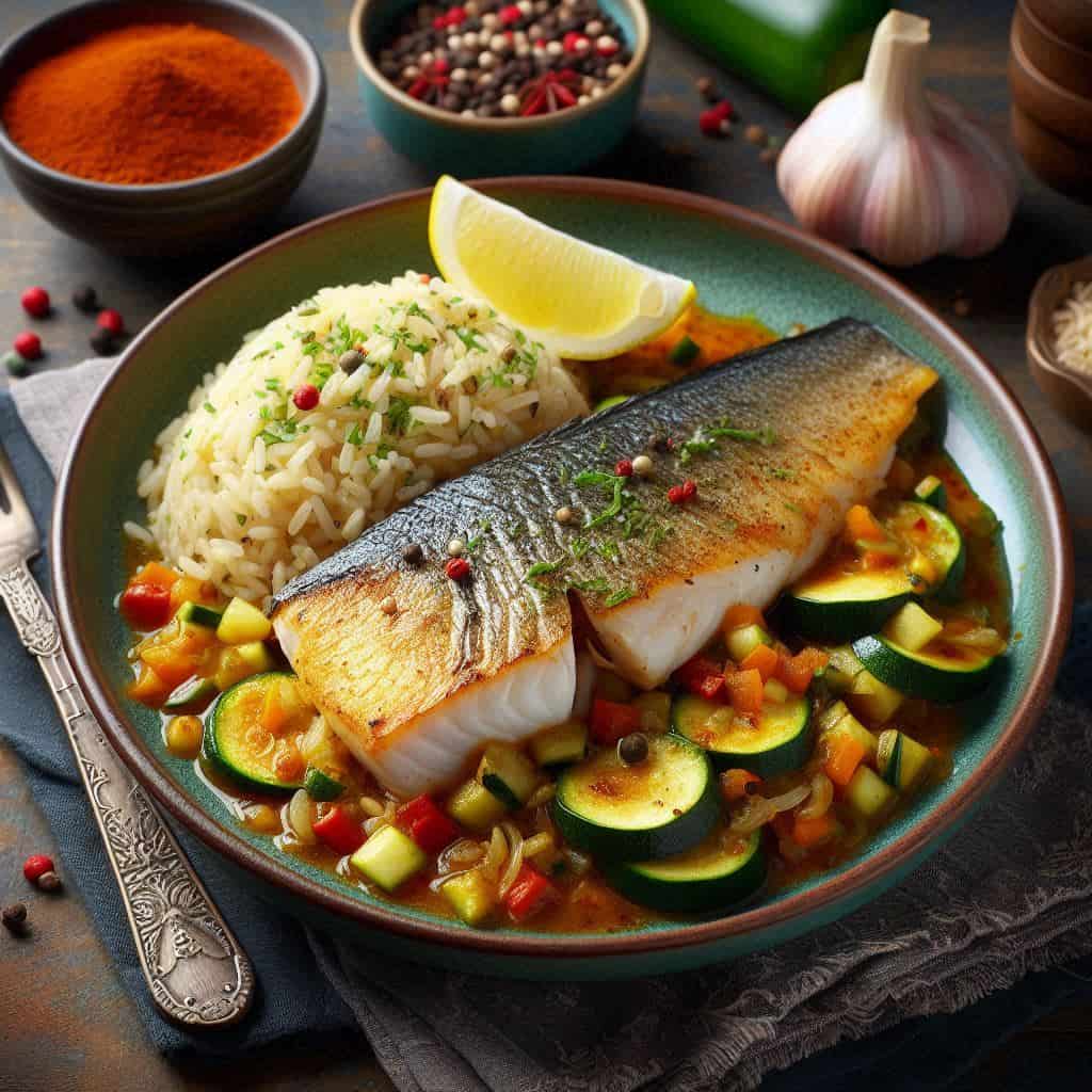 Merluza con salsa casera de calabacín acompañada de arroz con especias de Oriente Medio