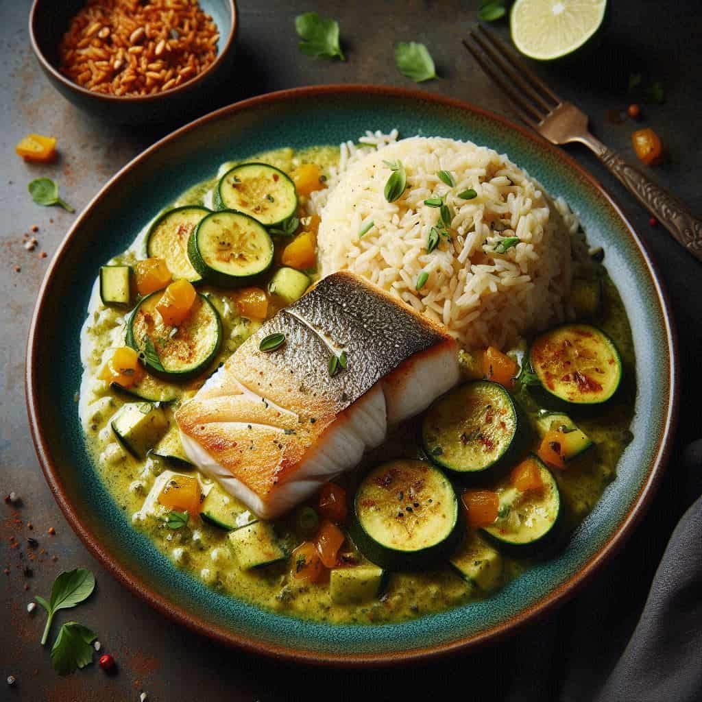 Merluza con salsa casera de calabacín acompañada de arroz con especias de Oriente Medio