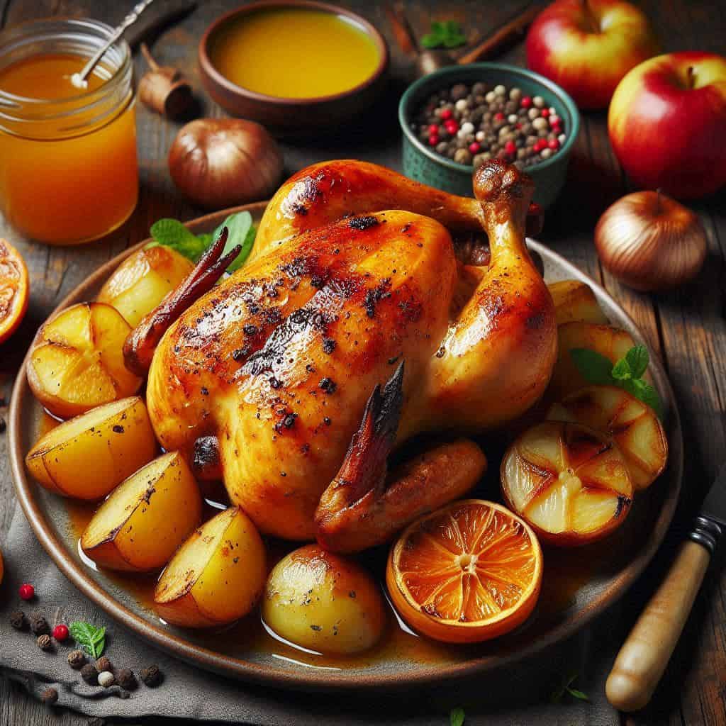 Pollo asado con salsa casera de naranja con patatas y pimiento al horno y compota de manzana
