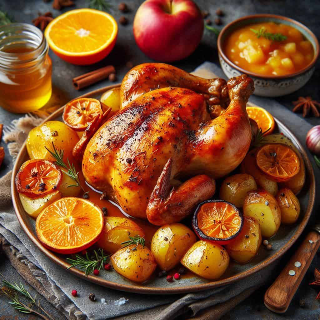 Pollo asado con salsa casera de naranja con patatas y pimiento al horno y compota de manzana