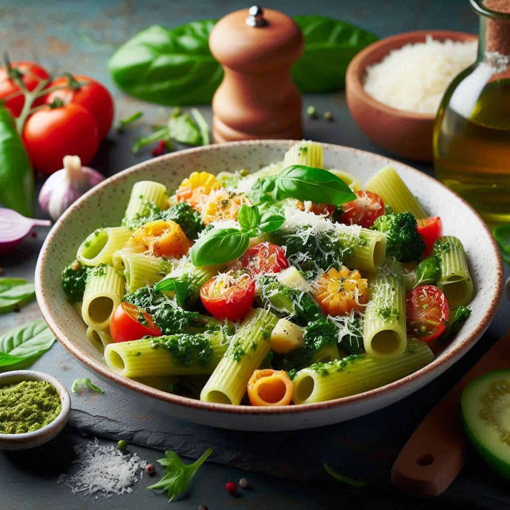 Rigatoni al pesto casero de rúcula con verduras y queso italiano rallado