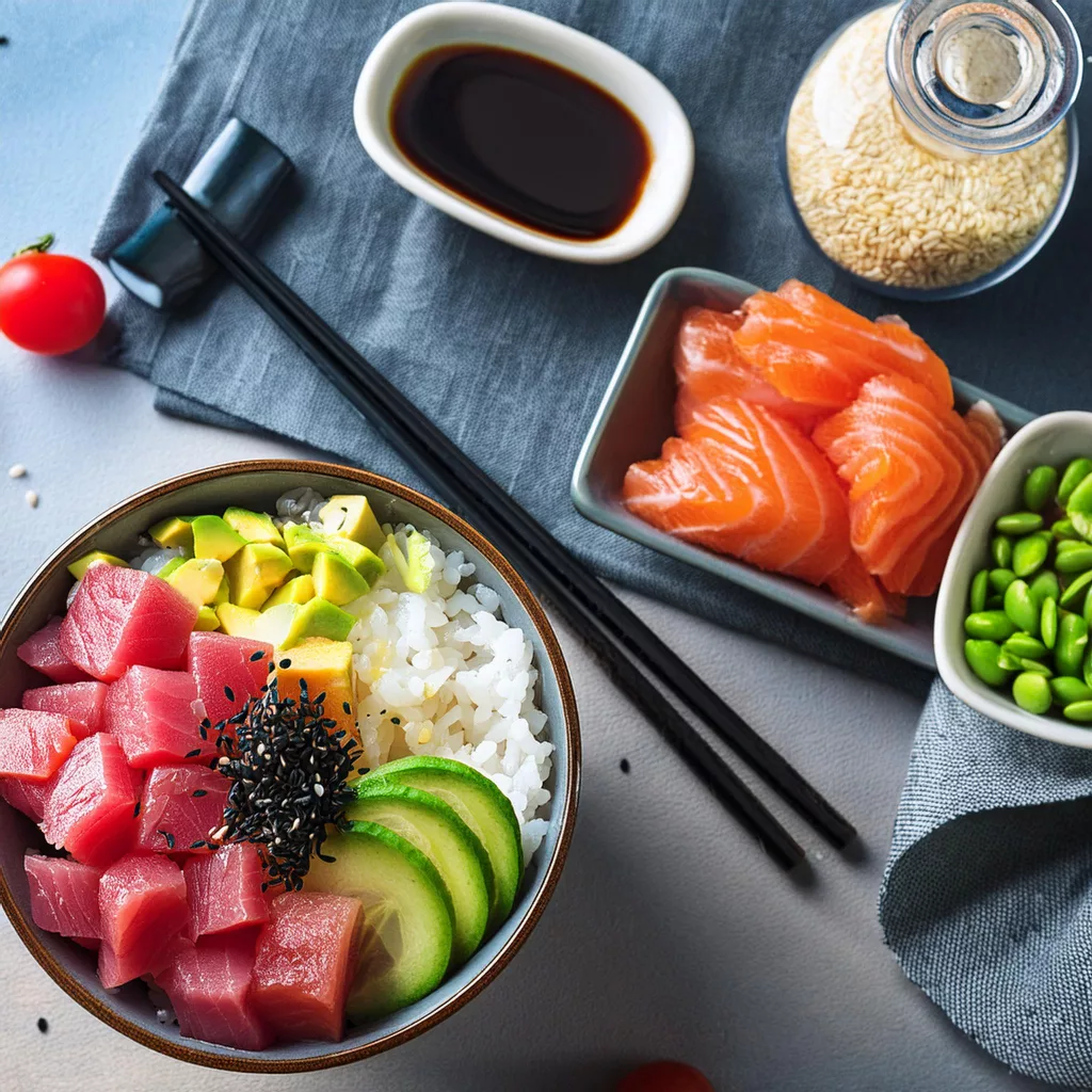 Poke bowl de arroz y atún fresco
