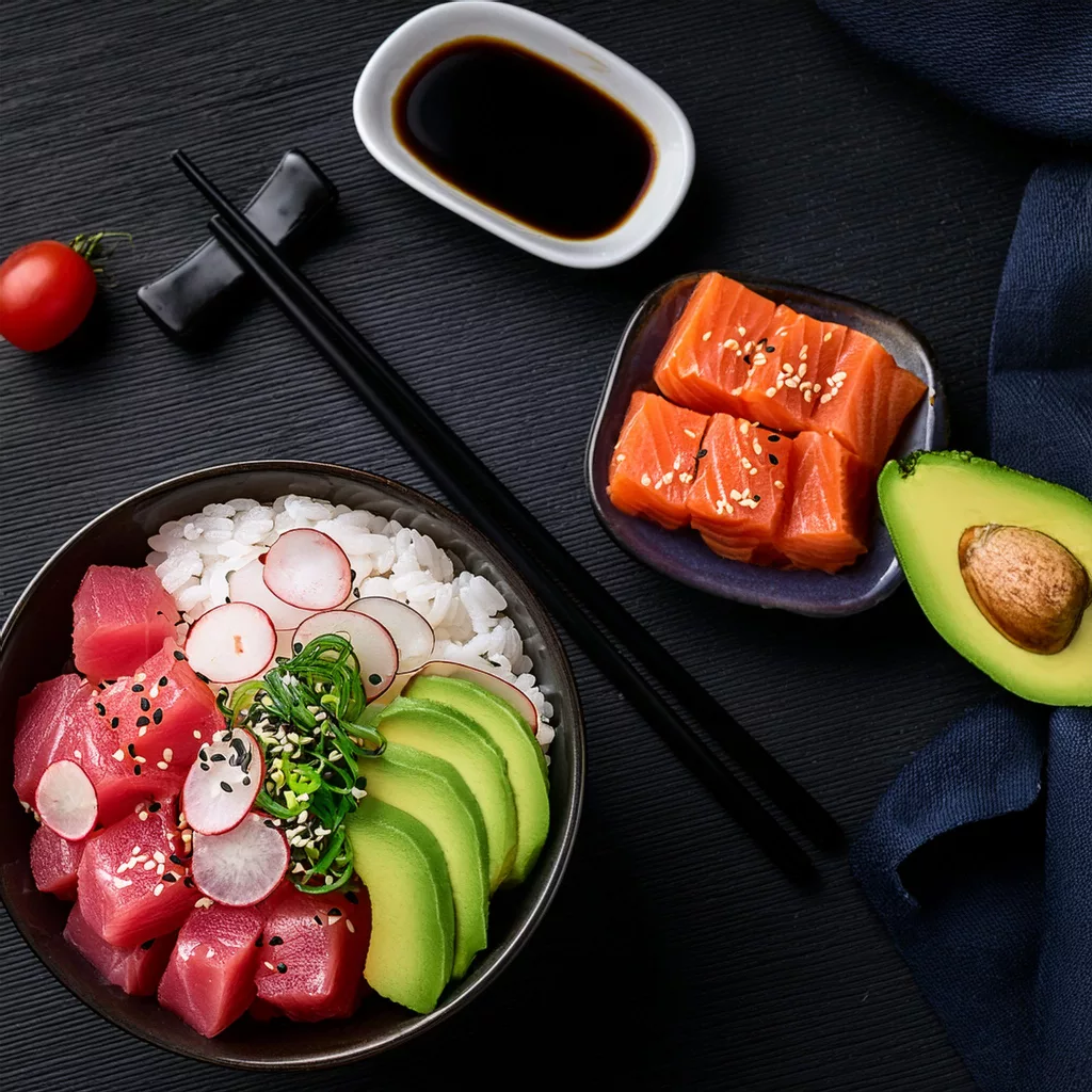 Poke bowl de arroz y atún fresco