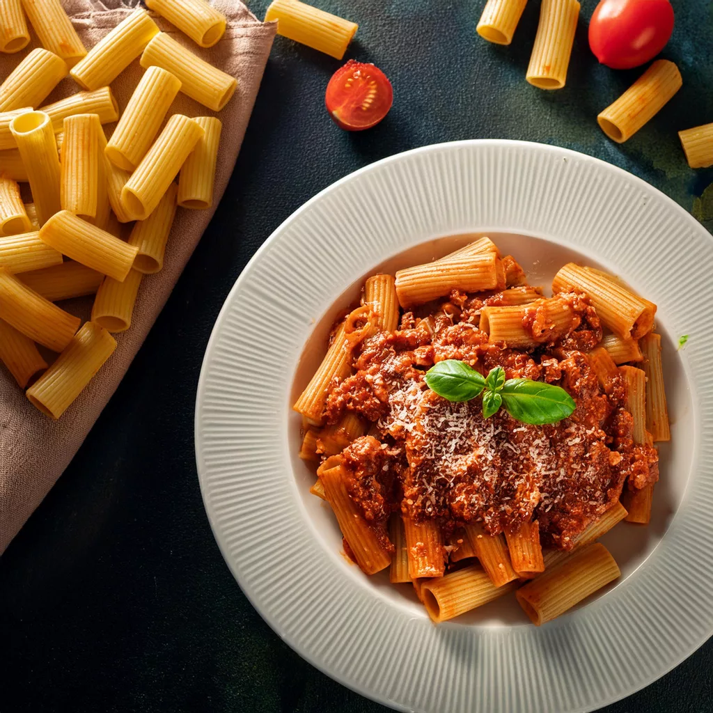 Rigatoni con salsa boloñesa