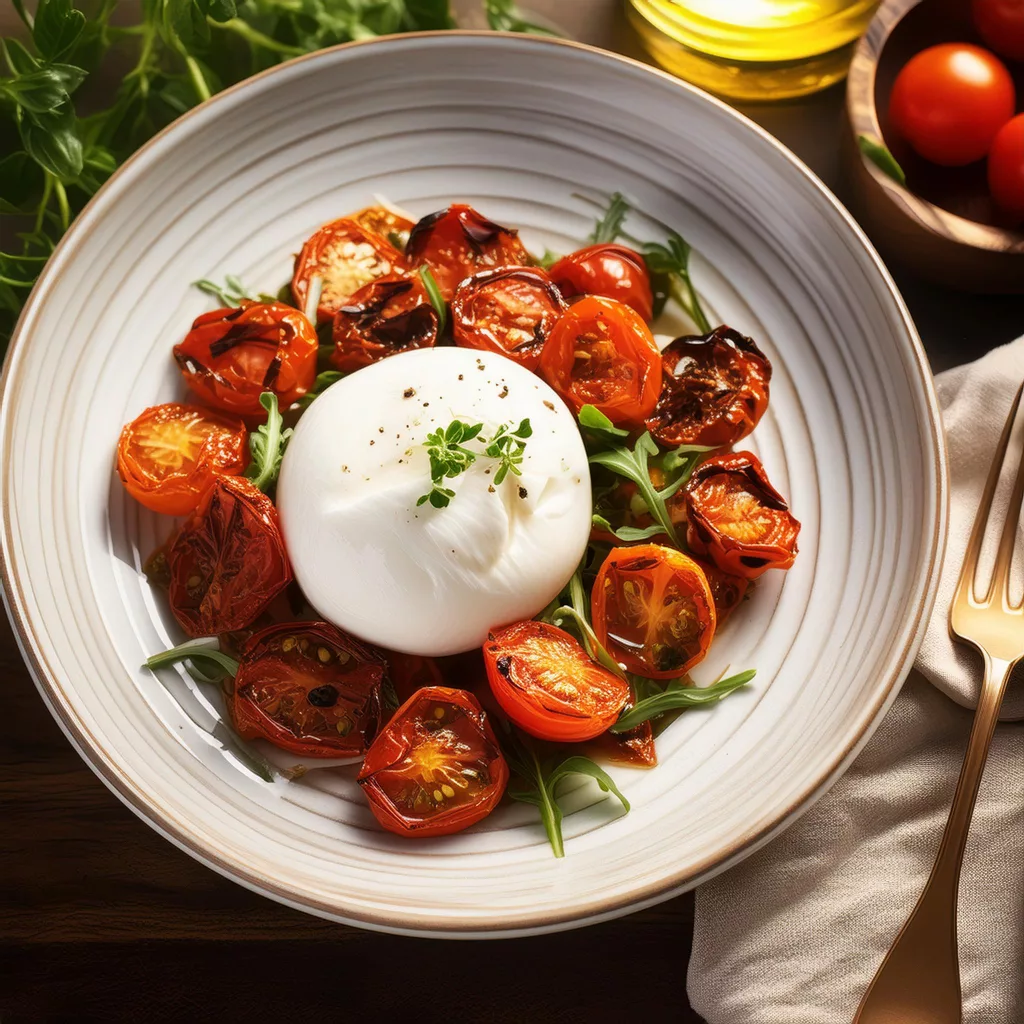 ensalada de burrata con tomates asados