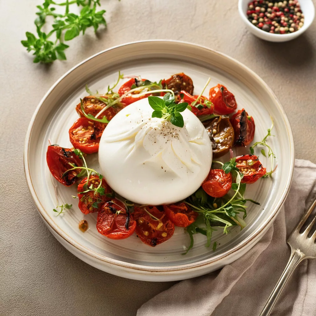 ensalada de burrata con tomates asados