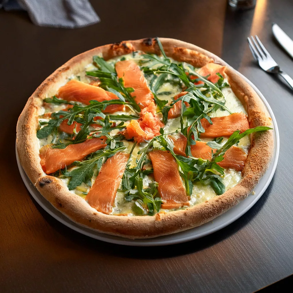 pizza de salmón y rúcula