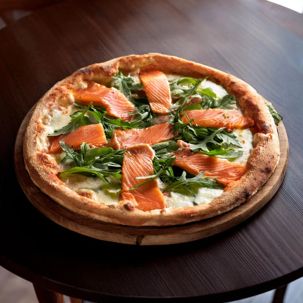 pizza de salmón y rúcula