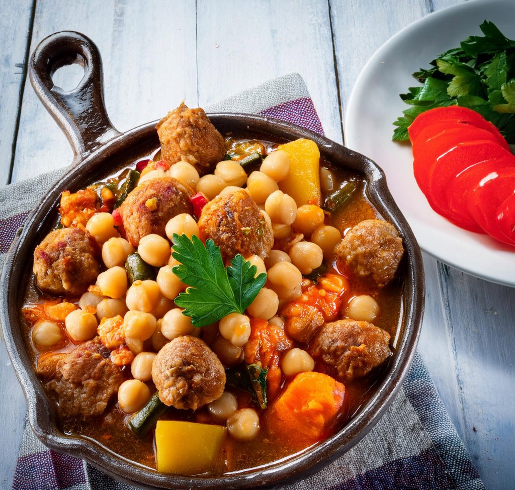 Cocido con pelotas, garbanzos y verdura en el plato