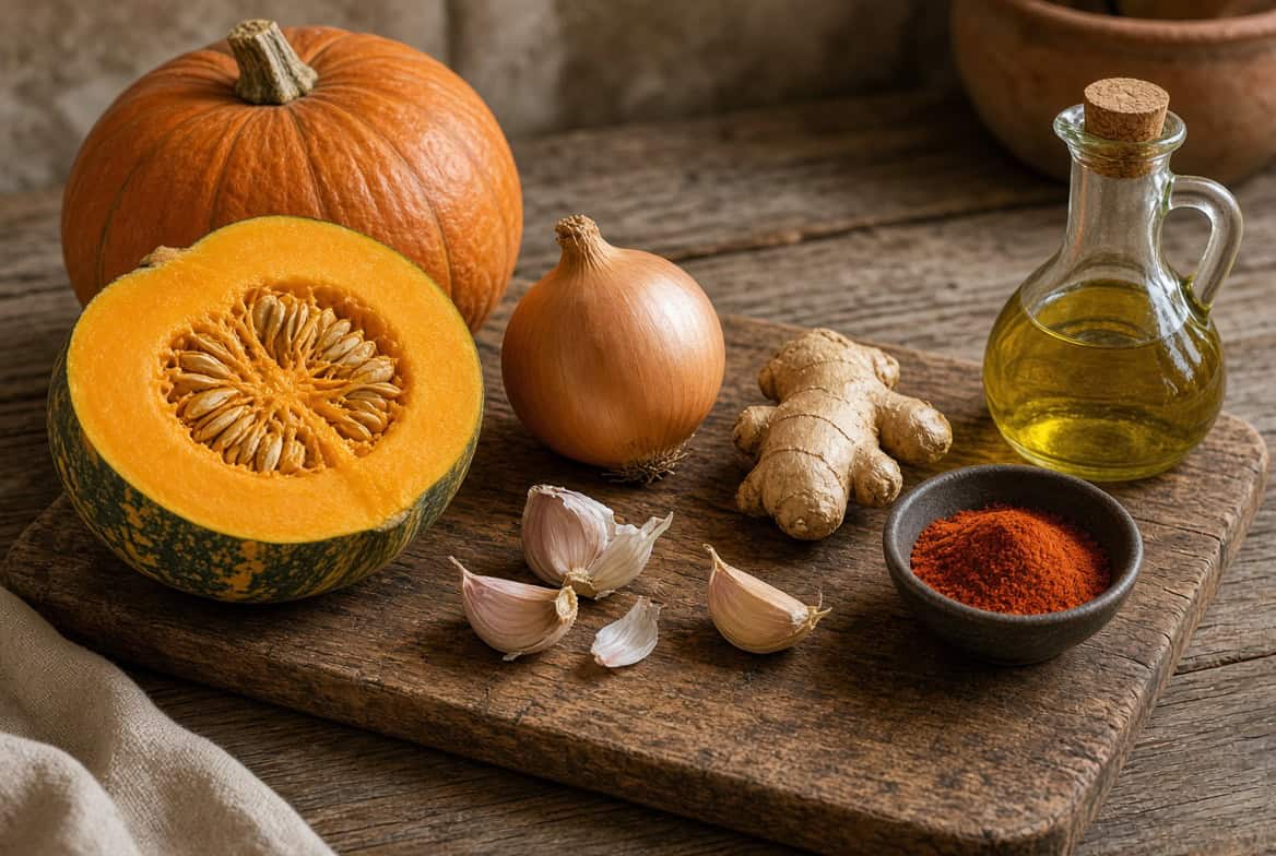 Ingredientes para crema de calabaza: calabaza, cebolla, ajo, jengibre, pimentón y aceite de oliva