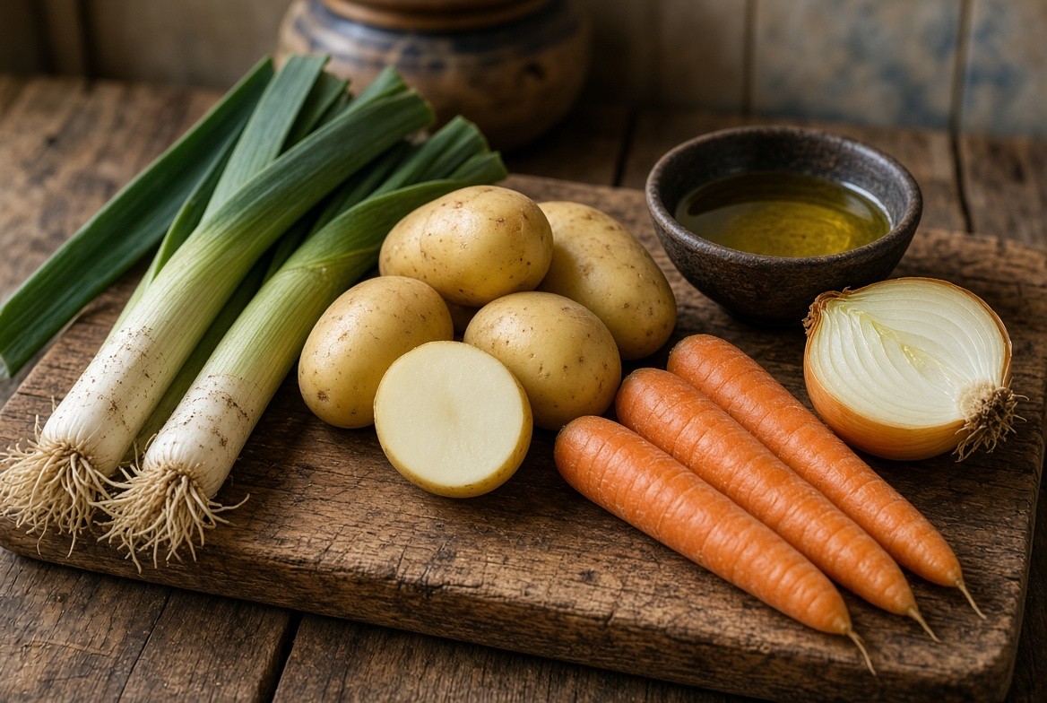 Ingredientes de porrusalda: puerros, patatas, zanahoria, cebolla y aceite