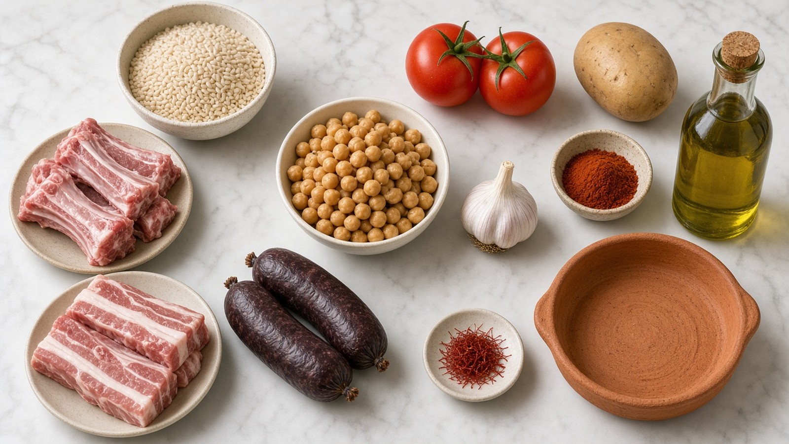 Ingredientes del arroz al horno: arroz redondo, costilla, morcilla, garbanzos, patata, tomate y ajos